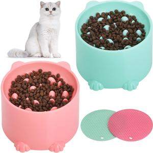 2 Pcs Raised Slow Feeder Cat Bowl, Plastic Elevated Cat Slow Feeder Bowl with Anti-Skid Mat, Raised Slow Cat Feeder for Dry and Wet Food (Green Pink)