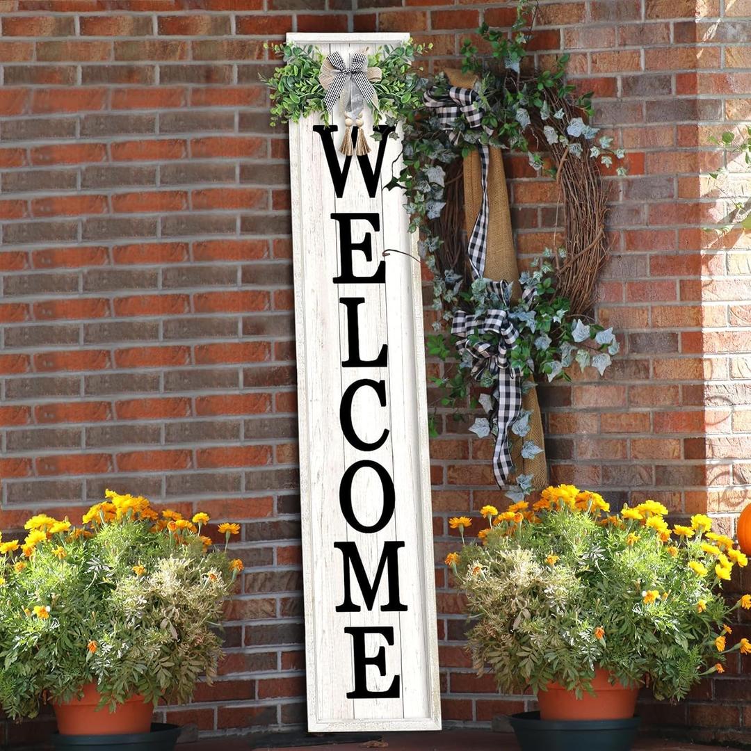Outdoor Welcome Sign for Front Porch Standing 45"9" Tall Vertical Wood Frame Front Door Long Leaner farmhouse Outside Rustic Large Welcome Signs Vintage Home Decorations (White)