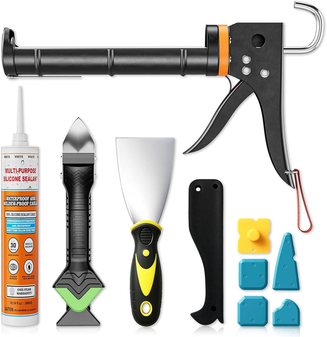Professional Caulk Gun Kit with Caulk Remover & Silicone Sealant - 5 in 1 Caulking Tool Set for Caulking Removal, Includes Caulking Gun Tool, Silicone Scraper