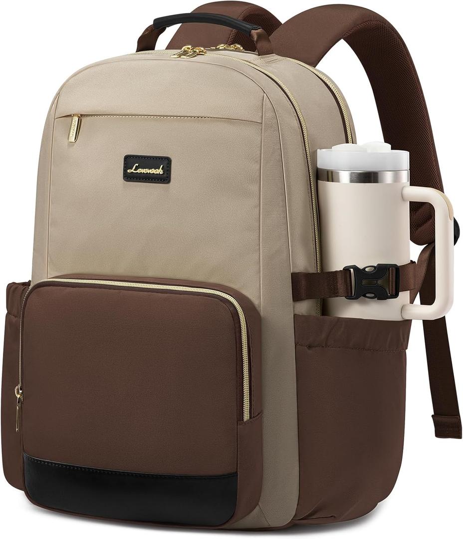LOVEVOOK Laptop Backpack for Women with Pouch Pocket for Large Capacity Cup,15.6 Inch Teacher Nurse College Work Backpack Purse,Waterproof Laptop Bag Computer Back Pack for Travel, Khaki-Coffee-Black