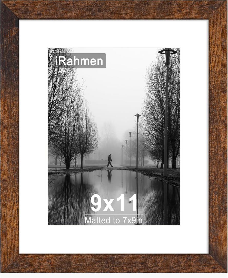 iRahmen 9x11 Picture Frame with HD Tempered Glass, Display Pictures 7x9 with Mat or 9 x 11 Without Mat, Wood Photo Frames for Tabletop and Wall Mount (Dark Brown, 1 Pack)