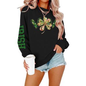 KIDDAD Women St Patrick's Day Sweatshirts: Irish Luck Shamrock Graphic Shirt Casual Holiday Loose Striped Pullover Tops (Black, XL)