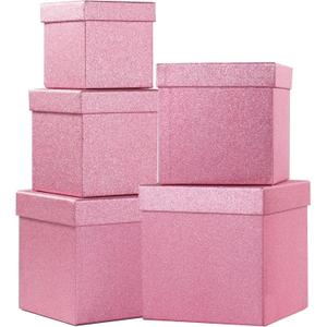 UNIQOOO 5Pcs Pink Glitter Valentine's Day Gift Box Set w/Lid, Assorted Size, Rose Gold Square Nested Wedding Paper Box Tower Organizer for Party, Thanksgiving, Gift Wrap Packaging