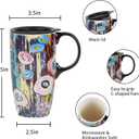 DUSVALLY Ceramic Coffee Mug with Lid and Handle, Porcelain Travel Tea Cup for Latte, Cappuccino and Cocoa, Circular Doodle for Retirement, Housewarming and Graduation, 17 oz