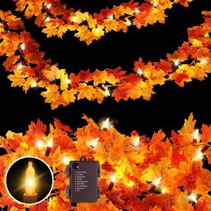 Fall Garland with Lights Battery Operated,10FT 50 Orange Bulbs Lighted Fall Leaves Garland,Fall Decorations for Home Thanksgiving,Mantel,Fireplace,Porch,Halloween,Table Decor Indoor Outdoor(1 Pack)