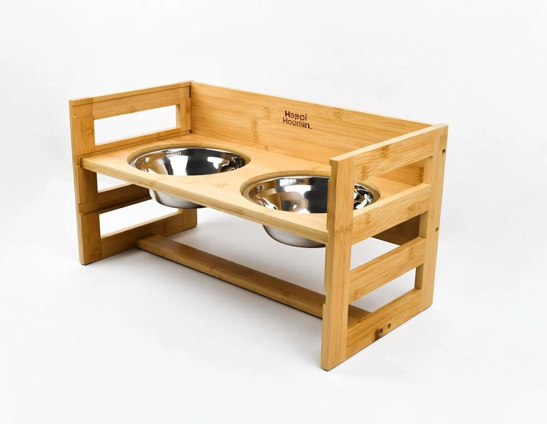 Adjustable Elevated Pet Bowls  3 Height Raised Bamboo Stand with 2 Thick 24oz Stainless Steel Bowls, Non-Slip Feeder for Cats & Small-Medium Dogs