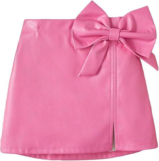 Girl's Cute PU Leather Skirt Elastic High Waist Split Hem Bow Front Mini Skirts 9