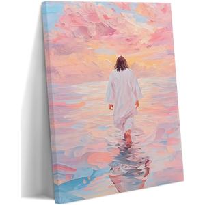 Shrandi Jesus Walking On Water Canvas Wall Art Pink Jesus Wall Decor Religious Christian Pictures Prints for Bedroom Living Room Church Decoration 12 * 18In (Stretched Canvas on A Wooden Frame), 24"L x 16"W