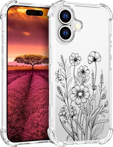 Topgraph Compatible with iPhone 16 Plus Case Designer Cute Clear for Women,Transparent Silicone Phone Cover Cases Design (Black Flowers Line Art)