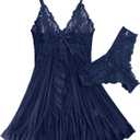 Foxiny Sexy Ruffle Sheer Mesh Lace Wireless Babydoll Lingerie Dress with Thong 2 Piece (Blue, L)