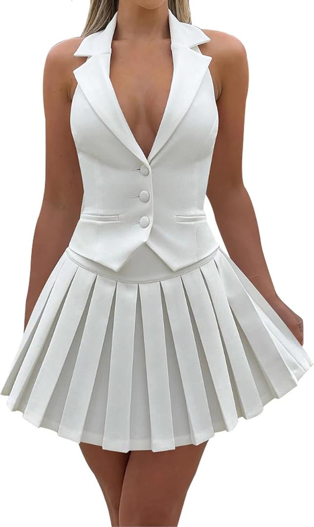 Women's 2 Piece Sets for Women Button Down A-Line V Neck Sleeveless Blazer Vest and Mini Pleated Skirt Set Medium