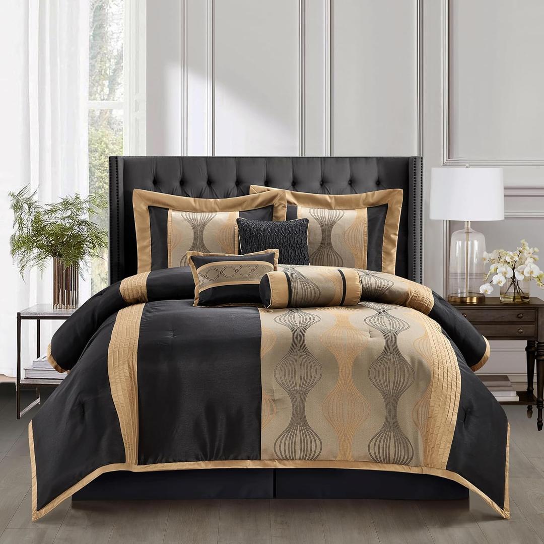 Stratford Park Black and Gold Comforter Set, 7 Pieces Jacquard Bedding Sets with Comforter, Bed Skirt, Pillows & Shams, Queen Size, Lightweight Microfiber, All Season Bedroom Home Dcor
