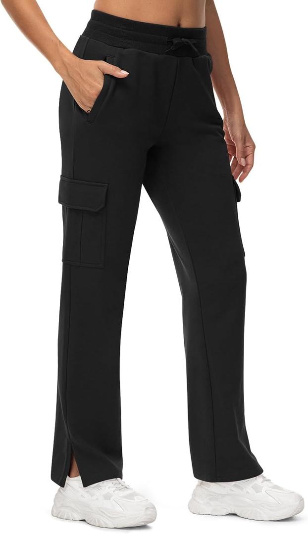 TBMPOY Women's Fleece Lined Jogger Pants Water Resistant Cargo Winter Hiking Sweatpants High Waisted Pockets Thermal Warm (Black, L)
