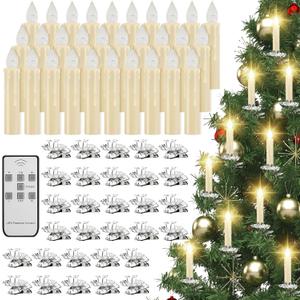 Baquler 60 Pcs LED Christmas Tree Candles Set 30 LED Taper Flameless Candles with Remote Timer and 30 Silver Flower Shape Metal Christmas Tree Holder Clip