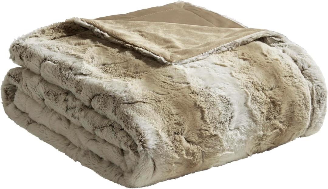 Madison Park Zuri Soft Plush Luxury Oversized Faux Fur Throw Animal Stripes Design, Faux Mink On The Reverse, Modern All Seasons Blanket for Bed, Sofa Couch, Office, Sand, 60x70"