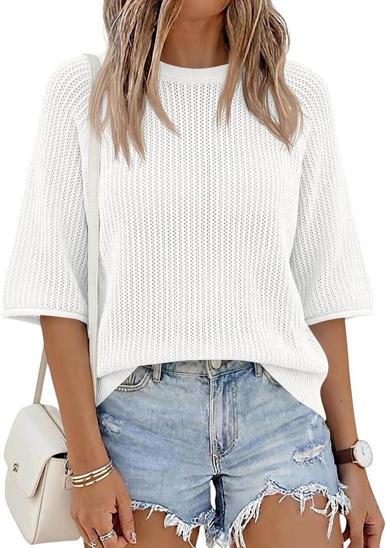 Saodimallsu Womens Short Sleeve Sweaters Crochet Knit Casual Crew Neck Lightweight Summer Trendy Sweater Tops