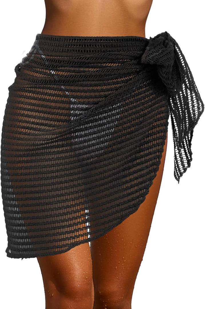 Geyoga Women Crochet Cover up Skirt Triangle Shawl Hollow Out Bikini Mermaid Skirt Bathing Suit Cover up Beach Skirt (Black)