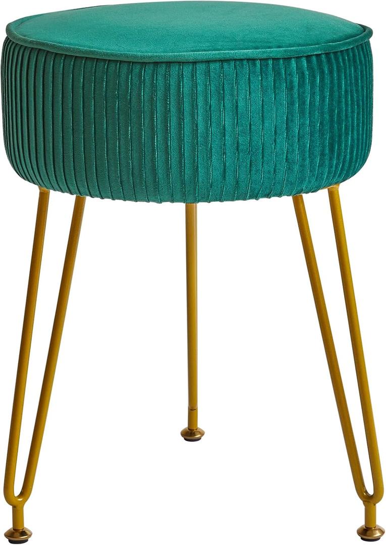IBUYKE Velvet Round Footrest Stool Ottoman, Makeup Vanity Stool Side Table, Velvet Dressing Table Seat, Pouf Couch Stool, Golden Steel Legs, Green LG-30L, Without Storage