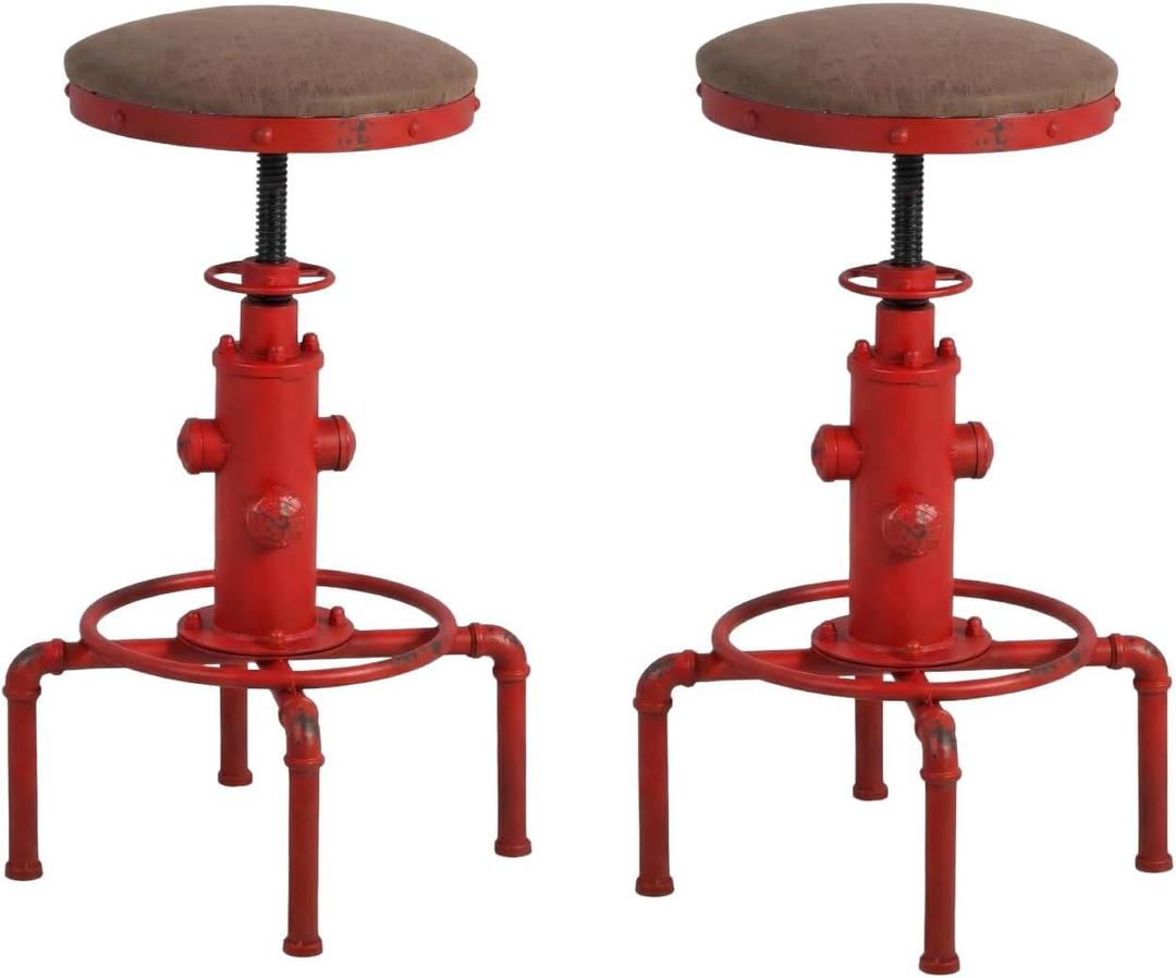 Topower Antique Vintage Industrial Barstool PU Leather Water Pipe Fire Hydrant Design Cafe Coffee Industrial Bar Stool Set of 2 Antique Red