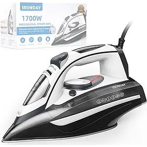 IRONDAY Steam Iron for Clothes 20s Fast Heatup,1700W Iron with 14.07oz Large Water Tank,NonStick Ceramic Soleplate, AntiDrip, AutoOff, Burst Steam, SelfCleaning, Ironing Clothes for Home, Grey
