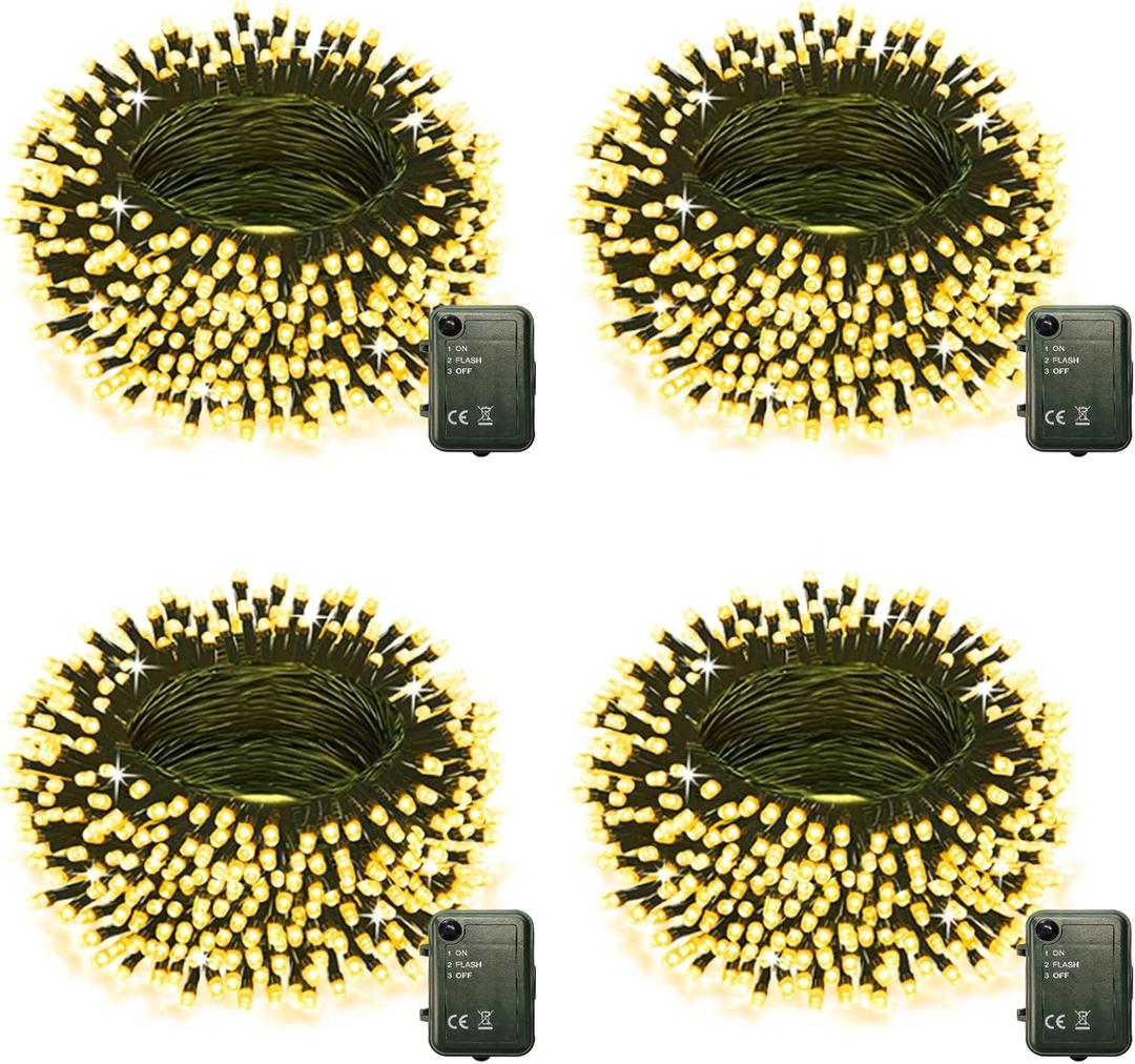 Warm White Battery Powered String Lights, 4 Pack Total 66.6 FT 200 LED Christmas String Lights for Indoor Outdoor Decoration, Twinkle Fairy Light for Classroom Dorm Bedroom Xmas Tree Party Decoration