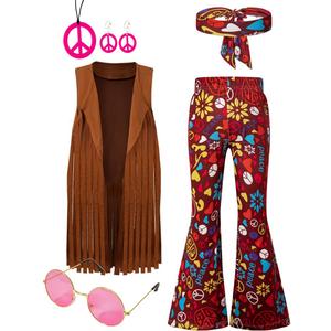 LENSOUS Girls Kids 60s 70s Hippie Costume Pants Set Outfits Fringe Vest Peace Flared Pants Accessories Set (12-14 Years)
