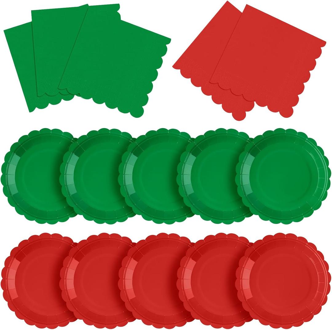 Tiangrid 120 Pcs Christmas Paper Plates and Napkins Party Supplies Bulk Disposable 7 Inch Scalloped Plates Cocktail Napkins for Xmas Holiday Wedding Birthday Decoration, Serve 60 Guests(Red and Green)