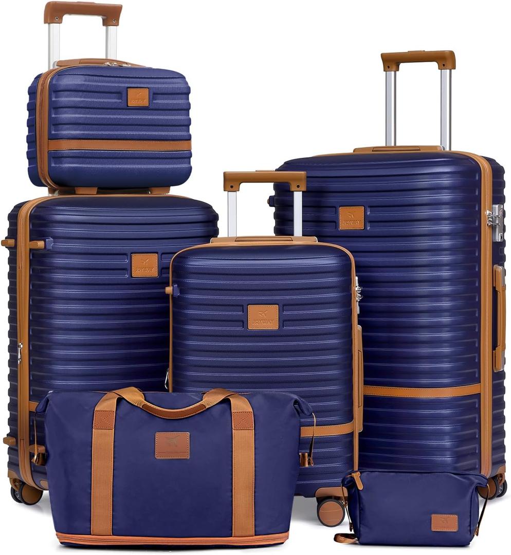 Joyway Luggage Set Of 5 Pieces Suitcase Sets with Spinner Wheel, Hardside Expandable Travel Luggage with TSA Lock (13/20/24/28 Navy brown