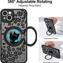 Cute Case for iPhone 15 Case with Stand [ Compatible with MagSafe ] Kawaii Black Cat & Floral & Butterflies Pattern Design 360 Magnetic Ring Kickstand Phone Cover for Women Girls Boys