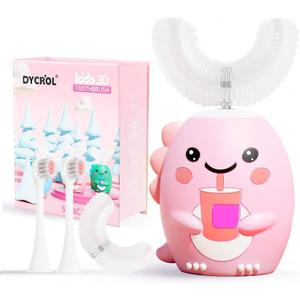 DYCROL Kids U Shaped Electric Toothbrush with 4 Brush Heads, Sonic Toothbrush Kids with 5 Modes, Cartoon Dinosaur 360-Degree Cleaning IPX7 Waterproof Design (6-12 Age (Pink))