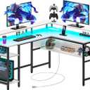 Rolanstar Computer Desk L Shaped 56.7" with LED Lights and Power Outlets, Reversible L Shaped Gaming Desk with Monitor Stand, Home Office Desk with Storage, Desk with USB Port and Hook, White, 18.5"D x 56.7"W x 33.9"H