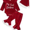 FIOMVA My First Christmas Baby Girl Outfit Newborn Fall Winter Onesie Bell Bottoms Hat 3pcs Set Romper Pants Clothes (6-12 Months, D Red)