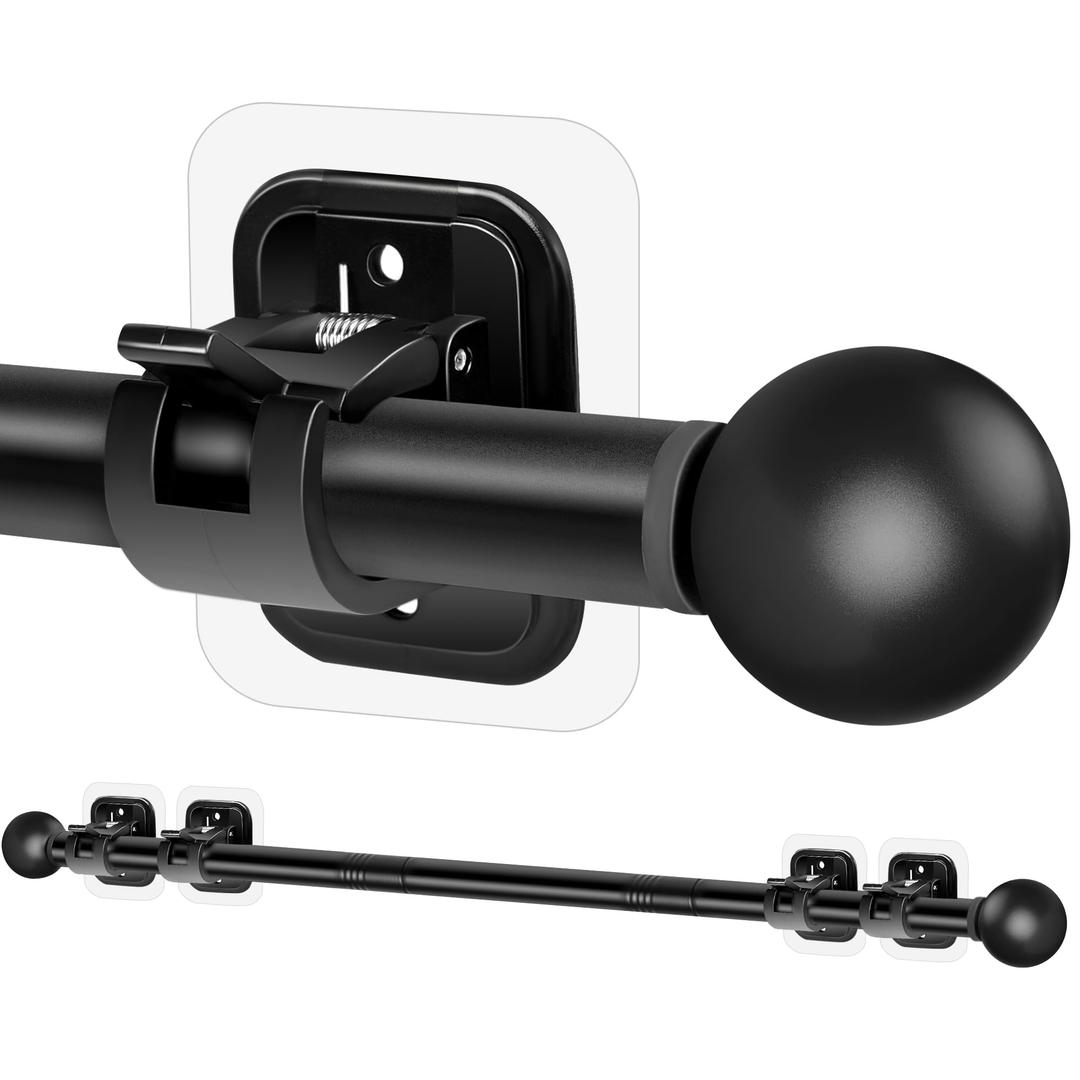 Pack of 3 Curtain Rods No Drilling for Windows Set 30 to 45 Inch,5/8 Inch Diameter Drapey Pole with No Drill Curtain Rod Brackets,Renter Friendly Cortineros Para Ventanas with Adhesive Holder Hook (Black)