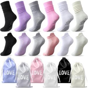 12 Pairs Pilates Socks for Women Non Slip Yoga Grip Socks with 6 Drawstring Bag for Yoga Ballet Barefoot Barre Dance