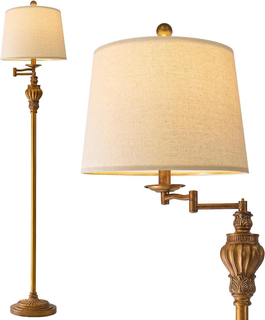 G-SAFAVA 61" Vintage Floor Lamp with 350 Adjustable Swing Arm, Gold Standing Lamp for Bedroom Living Room Nightstand Bedside Retro Farmhouse Mid Century Lamp Light Home Dcor Office Gifts, Antique Gold