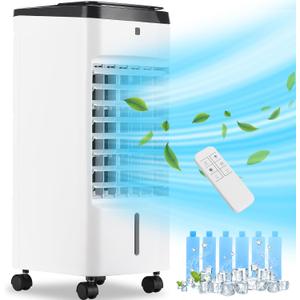 Portable Windowless Air Conditioner, 3 In 1 Evaporative Air Cooler with 6 Ice Packs, 4 Modes, 120Oscillation, 12 H Timer, 3 Speeds, Remote, Swamp Room Cooler Cooling Fan for Bedroom, Office