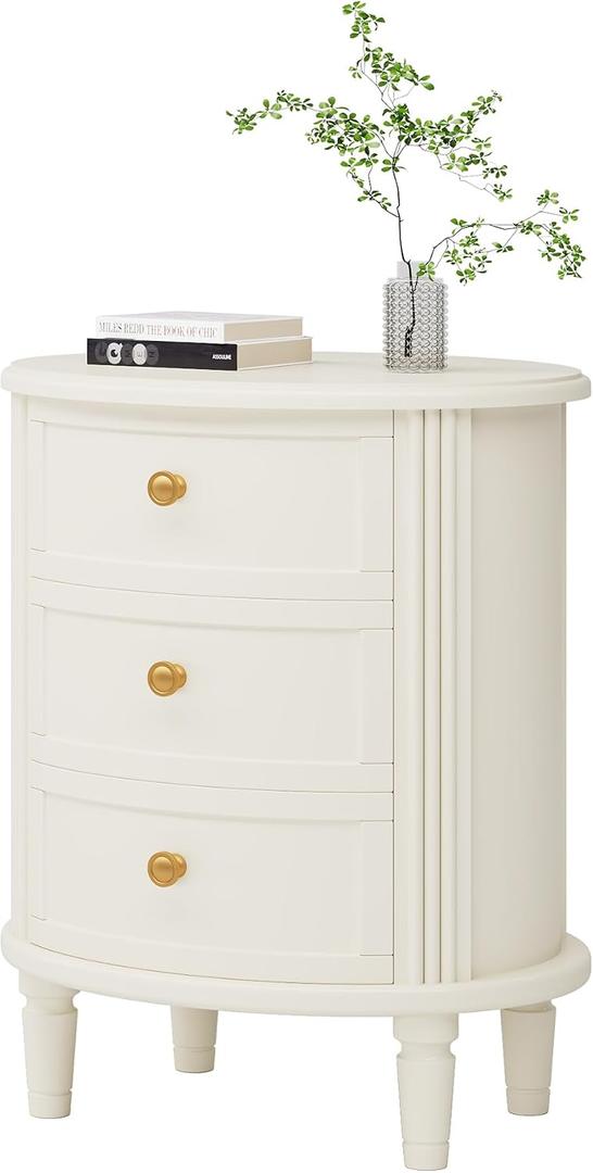 LITTLE TREE No Assembly Nightstand with 3 Drawers, Farmhouse Off-White Bedside Table for Bedroom, All Wooden Oval Nightstand with Storage, 19.68 Inches X 15.74 Inches X 25.59 Inches