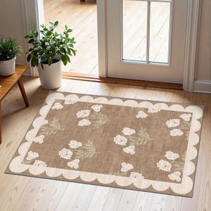 Front Door Mat Outside Entrance - 2x3 Floral Non-Slip Washable Doormat Indoor Outdoor Mat Tan Neutral Farmhouse Scalloped Entry Rug Small Throw Rugs for Entryway Kitchen Front Porch Decor (Flower - Brown)