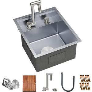 TORVA RV Kitchen Sink, 15 x 18 x 9 Inch Undermount Bar Sink 16 Gauge Stainless Steel Single Bowl Sink with Foldable Faucet Cutting Board, Grey