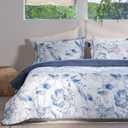 Cotton Comforter Queen Size Set  Blue Watercolor Floral Bedding, Soft & Breathable, All-Season Down-Alternative Filling, 1 Comforter & 2 Pillow Shams