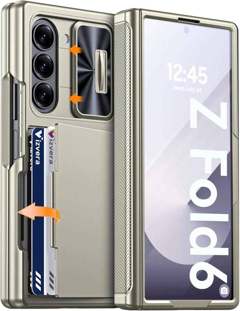Vizvera for Samsung Galaxy Z Fold 6 Case RFID Wallet with Cards Holder [Hinge Cover] [Camera Cover] Shockproof Silicone Protective Phone Case for Z Fold 6 2024-Natural Titanium