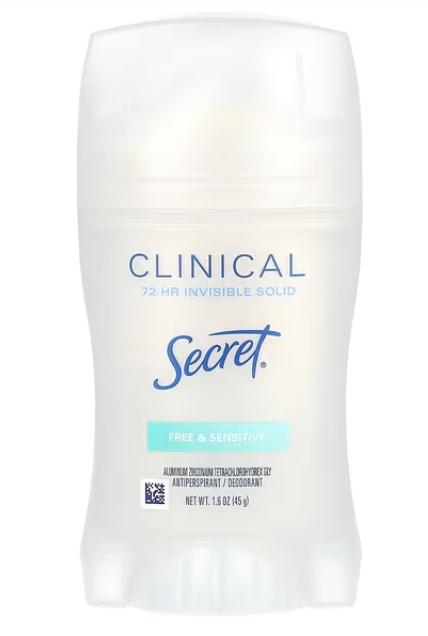 Secret Clinical Strength Antiperspirant Deodorant for Women, Free & Sensitive, 100hr Sweat & Odor Protection, 3X Stress Protection with Hyaluronic Acid, Invisible Solid, Unscented, 1.6 oz