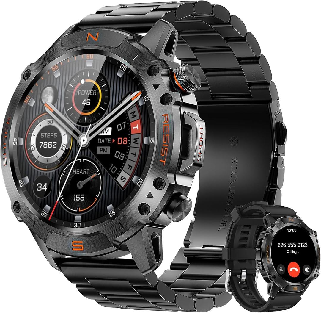 WalkerFit Rugged Military Smart Watch for Men, 1.43" AMOLED Tactical Fitness Tracker (Answer/Make Call), 5ATM Waterproof, Heart Rate/SpO2/Sleep Monitor, 178+ Sports Modes, for Android iPhone, 2 Bands
