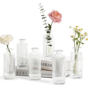 ComSaf Small Vases for Flowers Mini Clear Glass Bud Vases in Bulk, Mini Flower Vase, Vases for Centerpiece, Ribbed Vase Set, Wedding Table Ceterpiece, Home Decor, Housewarming Gift (Clear) (6 Pcs)