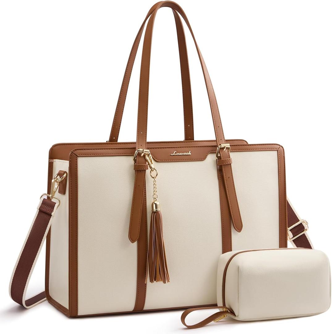 LOVEVOOK Laptop Bag for Women - 15.6 inch Lightweight Canvas Laptop Tote, Large Capacity Computer Bag with Clutch Purse for Business, Work, Travel, School, Casual Beige