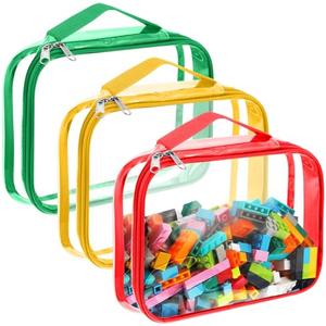 Sanwuta 3 Packs Toy Storage Bags with Zipper, Clear PVC Organizing Waterproof Toy Bags for Board Games, Building Blocks, and Kids Books(12.6 x 9 x 2.36 Inch, Red, Yellow, Green)