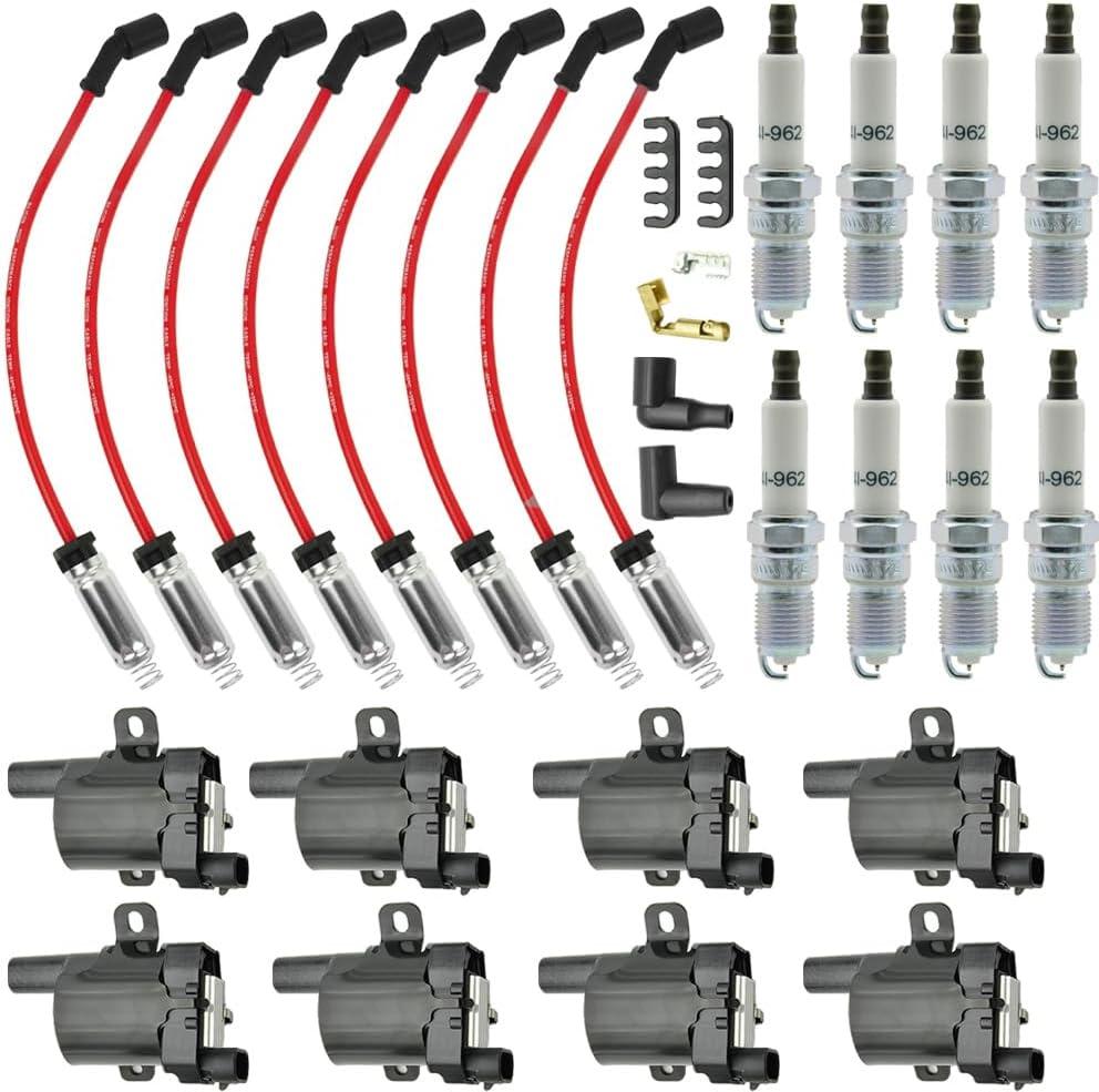 8PCS UF262 Round Ignition Coil Pack & 41-962 Spark Plugs & Spark Plug Wires Set Compatible with Chevrolet Express 4.3 4.8 5.0 5.3 2003-2007 Harness GMC Sierra 1500 Replace# D585 19005218 748UU