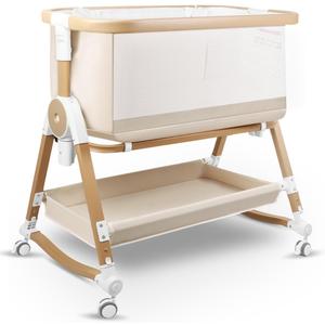 4 in 1 Baby Bassinet, Bassinets Bedside Sleeper with Wheels and Storage Basket, Adjustable 7 Heights Bedside Sleeper with Mosquito Net, Breathable Mesh Rocking Bassinet for Baby (Beige)