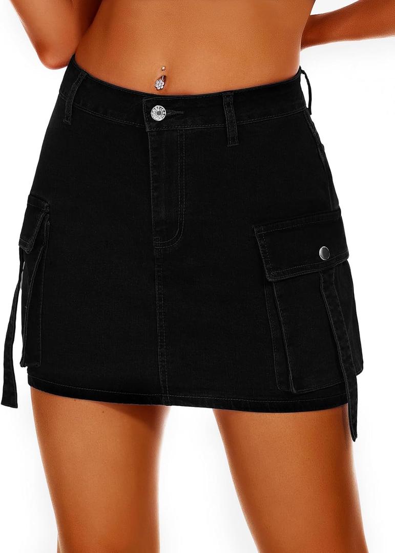Women High Waisted Denim Mini Y2K Casual Jean Cargo Skirt with Flap Pockets (X-Large, Black)