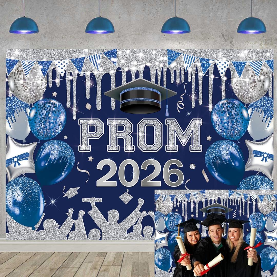 Blue Sliver 2026 Prom Night Party Backdrop Royal Blue Glitter 2026 Graduation Background Class of 2026 Congrats Grad Banner for 2026 Congratulate Graduates Party Decoration (Blue, 82x59 inch (7x5FT))